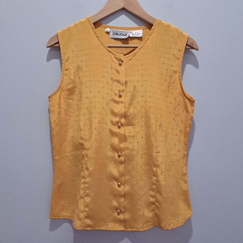 Vintage Oblique Gold Sleeveless Button Down Retro 80s 90s Blouse Womens S